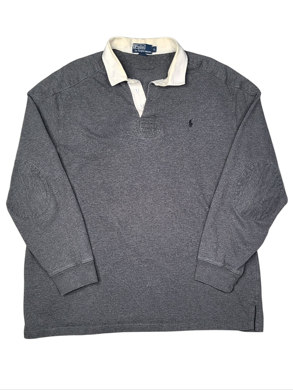 Vintage Polo Ralph Lauren Rugby Shirt Mens XL Quilted Shoulder Elbow Patch Gray